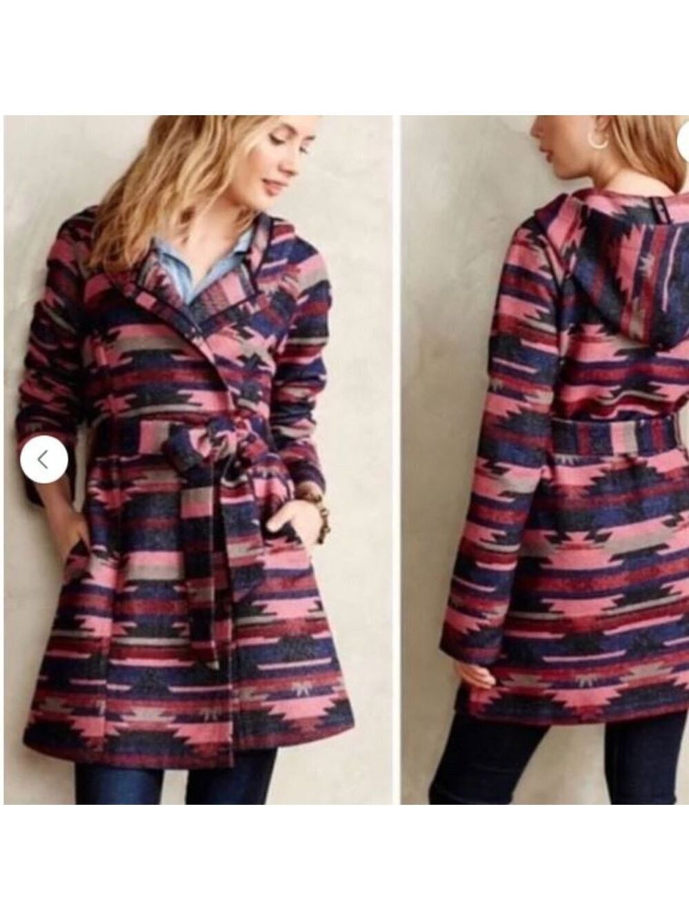 Anthropologie Tabitha Leona Aztec Wool Hooded Wrap Jacket Women's Size Small